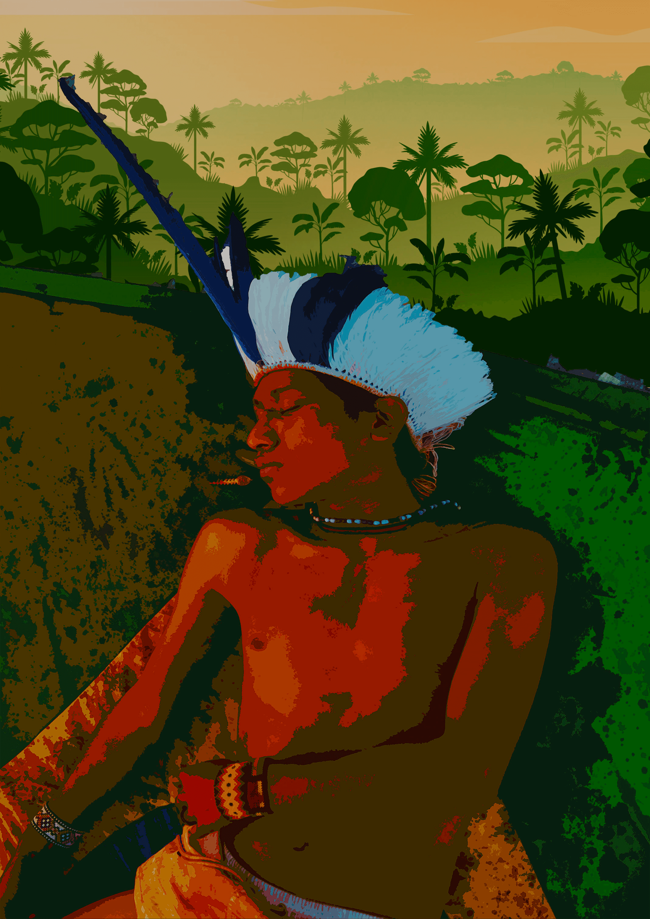 Menino indígena coberto de Urucum em cima da Bandeira do Brasil